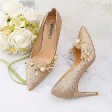 Sparkly Gold Wedding Shoes 2019 Leather Sequins Appliques Pearl 9 Cm Stiletto Heels Pointed Toe Wedding Pumps