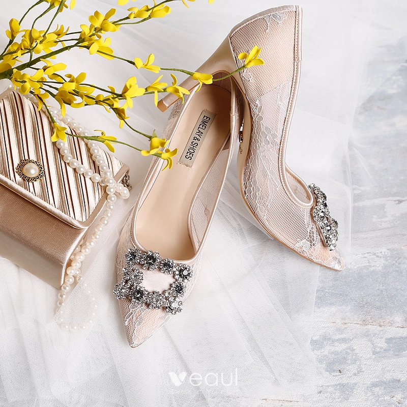 Chic / Beautiful White Wedding Shoes 2017 Pointed Toe PU 9 cm High Heels  Beading Rhinestone Wedding Womens Shoes