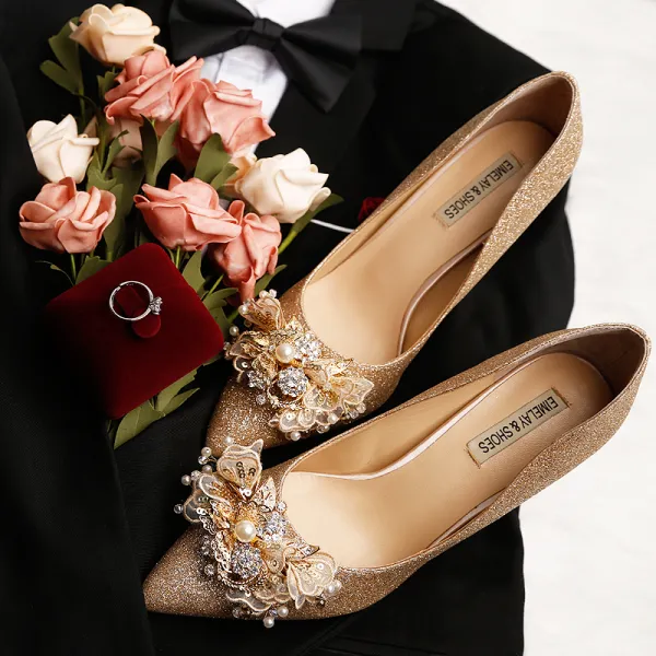 Sparkly Gold Wedding Shoes 2019 Leather Lace Flower Sequins Pearl Rhinestone 9 cm Stiletto Heels Pointed Toe Wedding Pumps