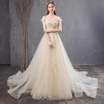 Champagne Tomber Printemps Été Robe De Mariée Dos Nu Cristal Fleur En Dentelle Perle Paillettes Tulle Mariage Élégant 2019