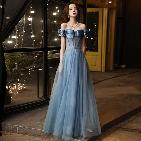 Chic Beautiful Sky Blue Prom Dresses 2021 A-Line Princess Off-The-Shoulder Beading Short