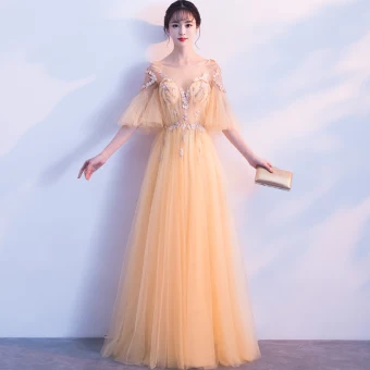 Chic Beautiful Gold Evening Dresses 2018 A Line Princess Lace Appliques Pearl Scoop Neck Backless 1 2 Sleeves Floor Length Long Formal Dresses