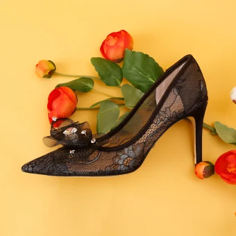 Charming Black Evening Party Pumps 2019 Lace Rhinestone 9 Cm Stiletto Heels Pointed Toe Pumps