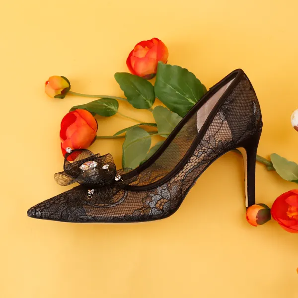 Charming Black Evening Party Pumps 2019 Lace Rhinestone 9 cm Stiletto Heels Pointed Toe Pumps
