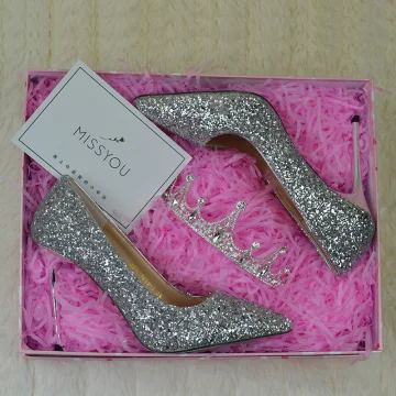 Scintillantes Argenté Chaussure De Mariée 2019 Paillettes 9 Cm Talons Aiguilles À Bout Pointu Mariage Escarpins