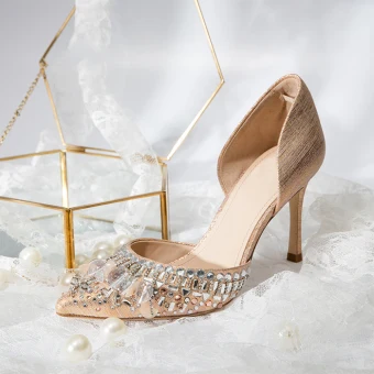 Chic Beautiful Champagne Wedding Shoes 2019 Leather Rhinestone 8 Cm Stiletto Heels Pointed Toe Wedding High Heels