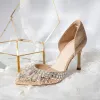 Chic / Beautiful Champagne Wedding Shoes 2019 Leather Rhinestone 8 cm Stiletto Heels Pointed Toe Wedding High Heels
