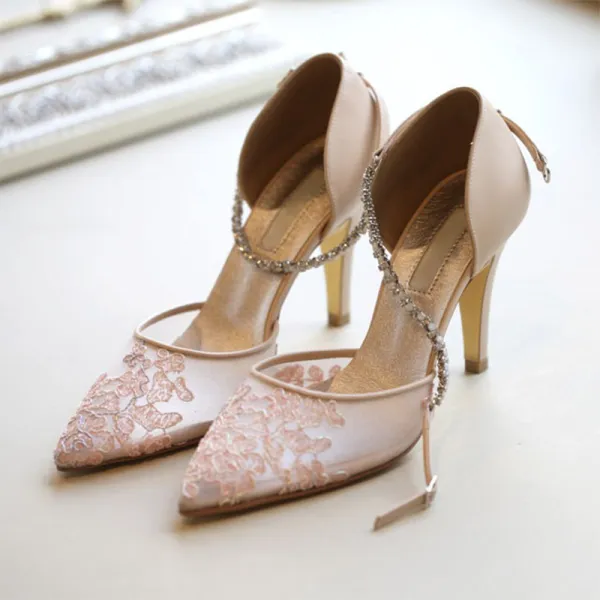 Chic / Beautiful Pearl Pink See-through Wedding Shoes 2019 Leather Rhinestone Ankle Strap 8 cm Stiletto Heels Pointed Toe Wedding High Heels