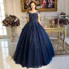 Classic Navy Blue Quinceañera Prom Dresses 2018 Ball Gown Lace Appliques Beading Sequins Scoop Neck Backless Sleeveless Floor-Length / Long Formal Dresses