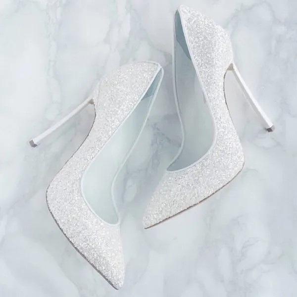 Sparkly White Sequins Wedding Shoes 2019 12 cm Stiletto Heels Pointed Toe Wedding Pumps