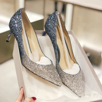 Sparkly Gradient Color Evening Party Pumps 2019 Leather Sequins 8 Cm Stiletto Heels Pointed Toe Pumps