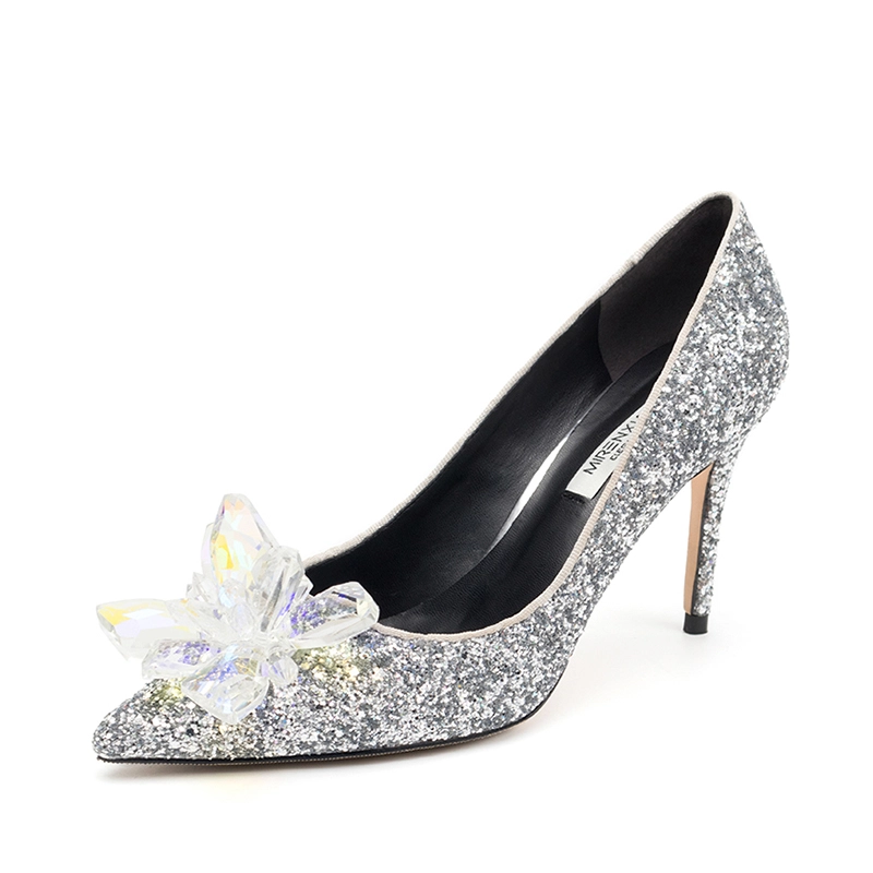 Cinderella Silver Crystal Wedding Shoes 2020 Leather Rhinestone 10 cm  Stiletto Heels Pointed Toe Wedding Pumps