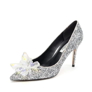 Charmant Argenté Cendrillon Chaussure De Mariée 2019 Cristal Paillettes 10 Cm Talons Aiguilles À Bout Pointu Mariage Escarpins