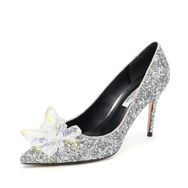 Charming Silver Cinderella Wedding Shoes 2019 Crystal Sequins 10 cm Stiletto Heels Pointed Toe Wedding Pumps