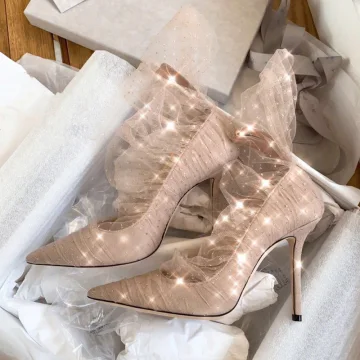 Moderne Mode Nues Soirée Escarpins 2019 Paillettes Dentelle 10 Cm Talons Aiguilles À Bout Pointu Escarpins