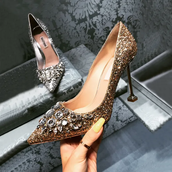 Charming Gold Wedding Shoes 2019 Rhinestone Sequins 8 cm Stiletto Heels Pointed Toe Wedding Pumps