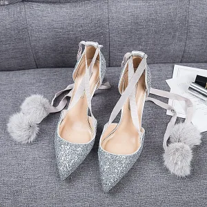 Chic Beautiful Silver Dating Womens Shoes 2019 Leather Sequins Ankle Strap 8 Cm Stiletto Heels Pointed Toe High Heels