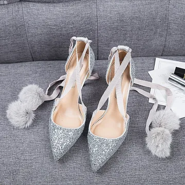 Mooie Prachtige Zilveren Afspraak Damesschoenen 2019 Leer Pailletten Enkelband 8 Cm Naaldhakken Stiletto Spitse Neus Hoge Hakken