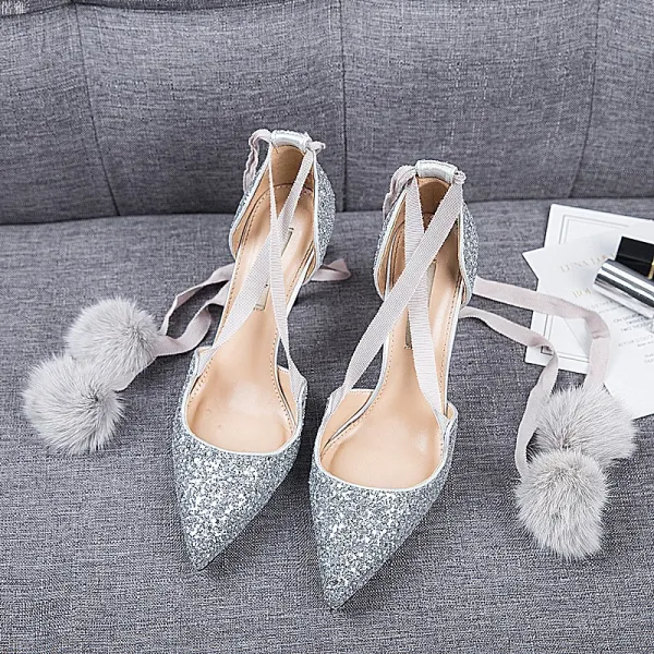 Chic / Beautiful Silver Dating Womens Shoes 2019 Leather Sequins Ankle Strap 8 cm Stiletto Heels Pointed Toe High Heels