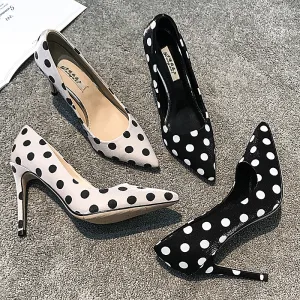 Chic Beautiful Black Casual Pumps 2019 Leather Spotted 10 Cm Stiletto Heels Pointed Toe Pumps