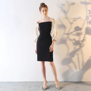 Simple Noire Robe De Fete 2018 De L Épaule Dos Nu 3 4 Manches Courte Robe De Ceremonie