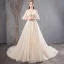 Elegant Champagne Wedding Dresses 2019 A-Line / Princess V-Neck Beading Lace Flower Short Sleeve Backless Chapel Train