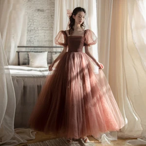 Vintage Originale Marron Tachetée Robe De Bal 2021 Princesse Encolure Carrée Manches De Cloche Dos Nu Longue Robe De Ceremonie