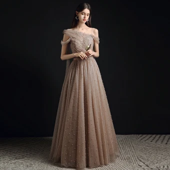 Fashion Champagne Pearl Prom Dresses 2021 A Line Princess One Shoulder Short Sleeve Backless Floor Length Long Formal Dresses