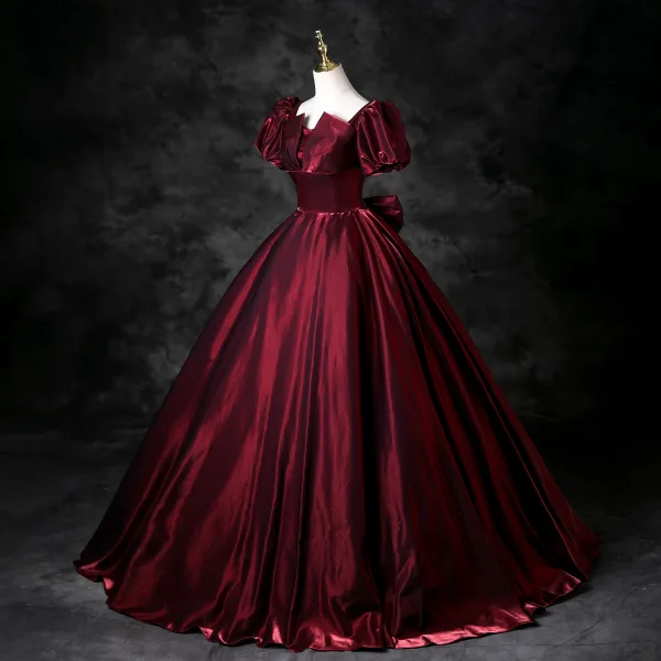 Vintage / Retro Burgundy Prom Dresses 2025 Ball Gown Square Neckline Puffy Short Sleeve Backless Bow Floor-Length / Long Prom Formal Dresses