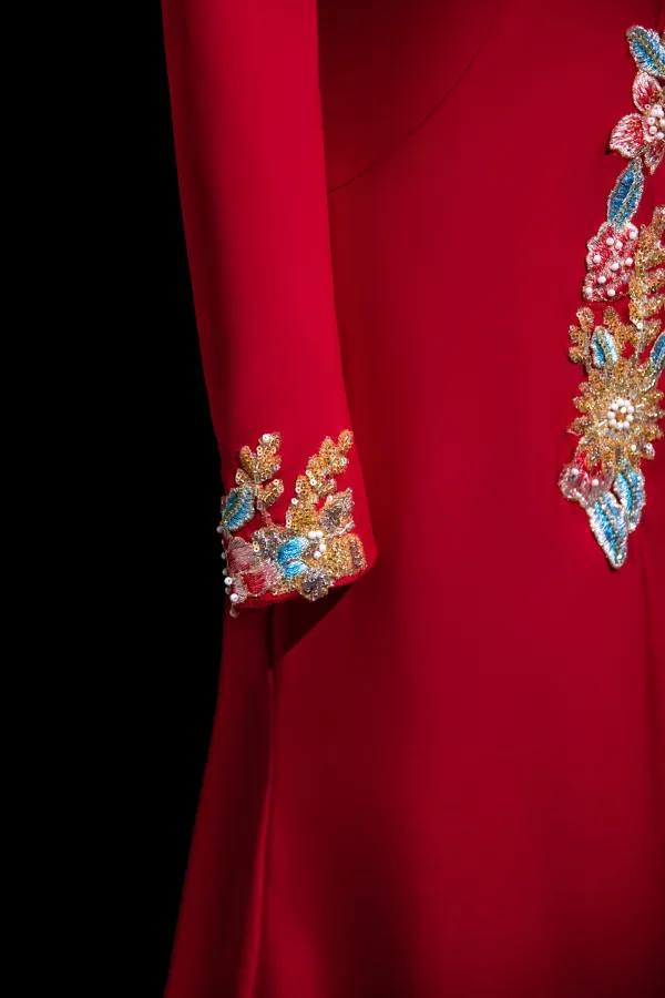 Vintage / Retro Burgundy Beading Sequins Lace Flower Evening Dresses 2025 Trumpet / Mermaid High Neck Long Sleeve Floor-Length / Long Evening Party Formal Dresses