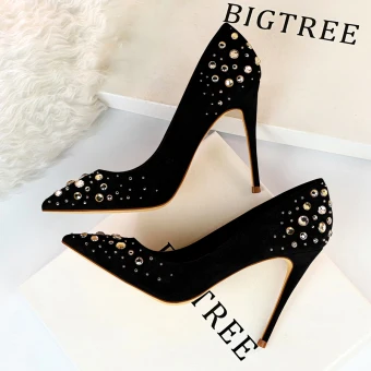 Fine Svart Suede Ball Pumps 2019 Rhinestone 10 Cm Stiletthæler Spisse Pumps