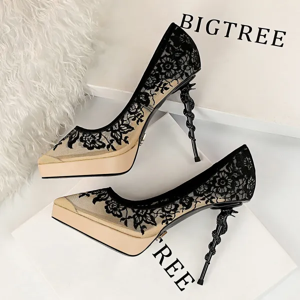 Chic / Beautiful Beige Evening Party Pumps 2019 See-through Lace Flower 12 cm Stiletto Heels Pointed Toe Pumps