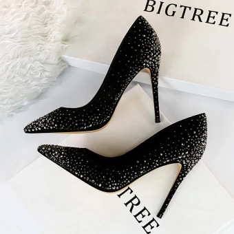 Chic Belle Noire Soirée Escarpins 2019 Daim Faux Diamant 10 Cm Talons Aiguilles À Bout Pointu Escarpins
