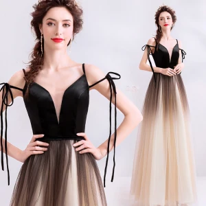 Chic Beautiful Black Evening Dresses 2019 A Line Princess Spaghetti Straps Bow Sleeveless Backless Floor Length Long Formal Dresses