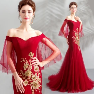 Chic Beautiful Red Evening Dresses 2019 Trumpet Mermaid Off The Shoulder Sequins Lace Flower Short Sleeve Backless Sweep Train Formal Dresses