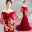 Chic / Belle Rouge Robe De Soirée 2019 Trompette / Sirène De l'épaule Paillettes En Dentelle Fleur Manches Courtes Dos Nu Train De Balayage Robe De Ceremonie