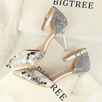 Affordable Silver Casual Womens Shoes 2019 Ankle Strap Sequins 9 Cm Stiletto Heels Pointed Toe High Heels