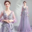 Elegante Lavendel Ballkleider 2019 A Linie V-Ausschnitt Spitze Applikationen Strass 3/4 Ärmel Rückenfreies Sweep / Pinsel Zug Festliche Kleider
