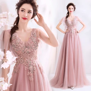 Élégant Perle Rose Robe De Bal 2019 Princesse Perlage Perle En Dentelle Fleur V Cou Manches Courtes Dos Nu Longue Robe De Ceremonie
