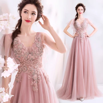 Élégant Perle Rose Robe De Bal 2019 Princesse Perlage Perle En Dentelle Fleur V Cou Manches Courtes Dos Nu Longue Robe De Ceremonie