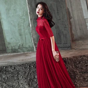 Chic Belle Bordeaux Robe De Soirée 2019 Princesse Col Haut Tachetée Noeud 1 2 Manches Longue Robe De Ceremonie