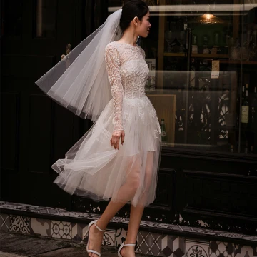 Chic Beautiful White Beach Wedding Dresses 2018 A Line Princess Lace Flower Scoop Neck Backless Long Sleeve Tea Length Wedding