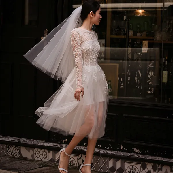 Chic / Beautiful White Beach Wedding Dresses 2018 A-Line / Princess Lace Flower Scoop Neck Backless Long Sleeve Tea-length Wedding