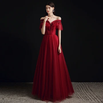Charmant Bordeaux Glitter Perlage Robe De Bal 2021 Princesse De L 039 Épaule Manches Courtes Dos Nu Longue Robe De Ceremonie