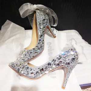 Charmant Argenté Chaussure De Mariée 2019 Noeud Faux Diamant Paillettes 10 Cm Talons Aiguilles À Bout Pointu Mariage Escarpins