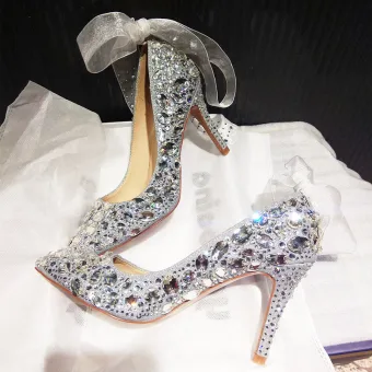 Charming Silver Wedding Shoes 2019 Bow Rhinestone Sequins 10 Cm Stiletto Heels Pointed Toe Wedding Pumps