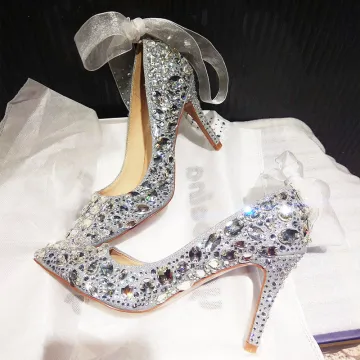 Charmant Argenté Chaussure De Mariée 2019 Noeud Faux Diamant Paillettes 10 Cm Talons Aiguilles À Bout Pointu Mariage Escarpins