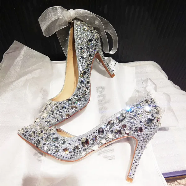 Charming Silver Wedding Shoes 2019 Bow Rhinestone Sequins 10 cm Stiletto Heels Pointed Toe Wedding Pumps