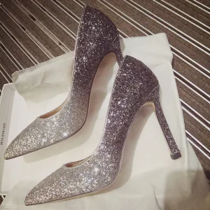 Charmant Dégradé De Couleur Argenté Chaussure De Mariée 2019 Paillettes 10 Cm Talons Aiguilles À Bout Pointu Mariage Escarpins