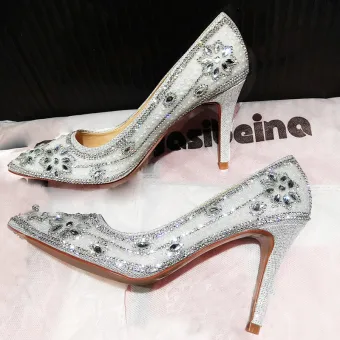Chic Beautiful Silver Wedding Shoes 2019 Crystal Rhinestone 9 Cm Stiletto Heels Pointed Toe Wedding Pumps